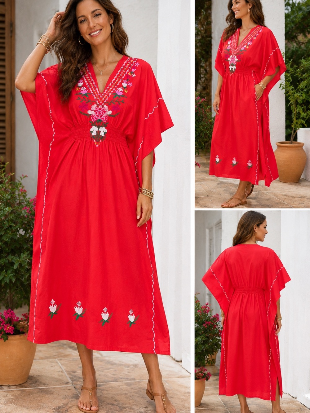 J. Peterman Embroidered Floral Caftan Maxi Dress Red L/XL